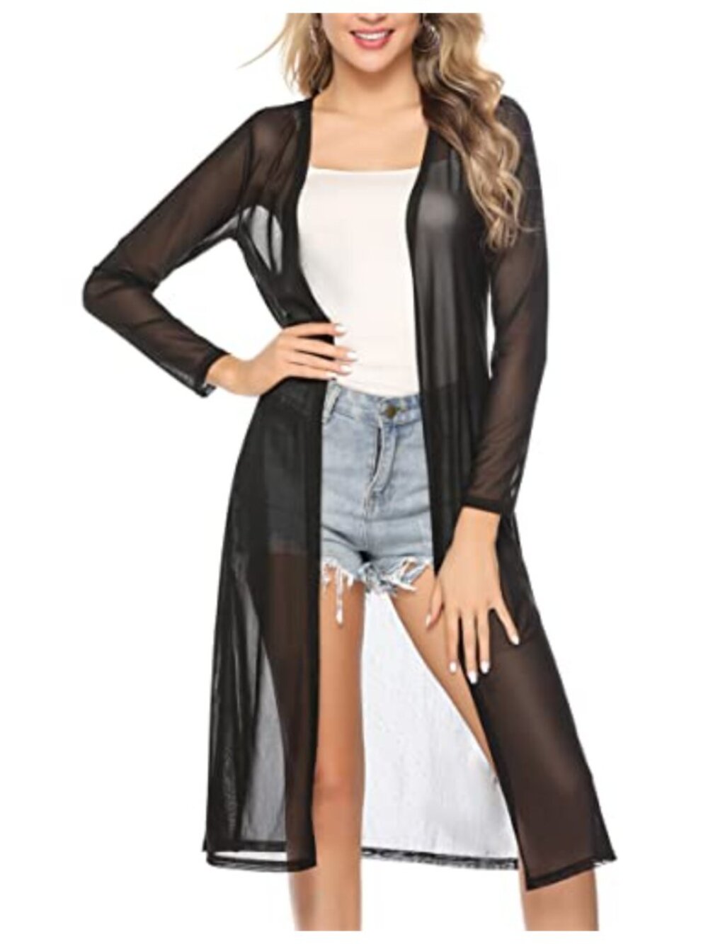 Women Long Cardigan Open Front Duster Swimwear Beach Cover Up